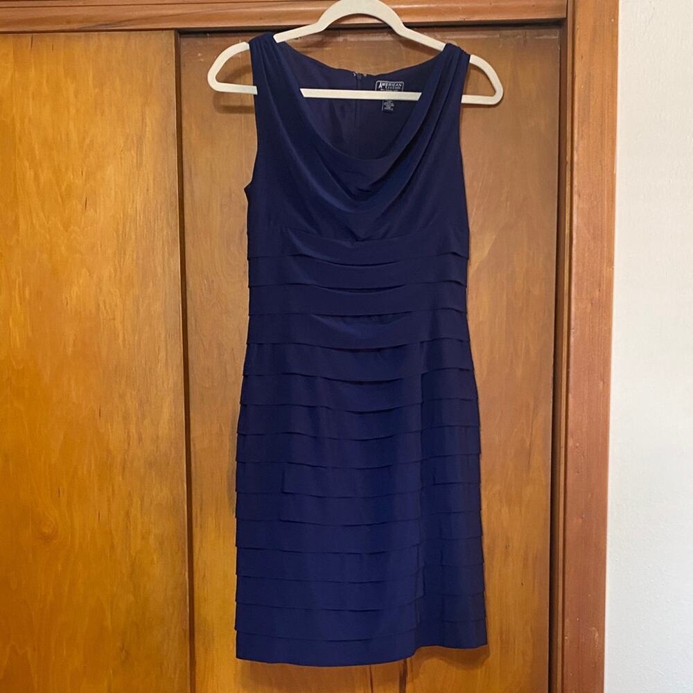 NWOT Navy Blue Sleeveless Shift Dress Drape Front Layered Tiered Lined Double
